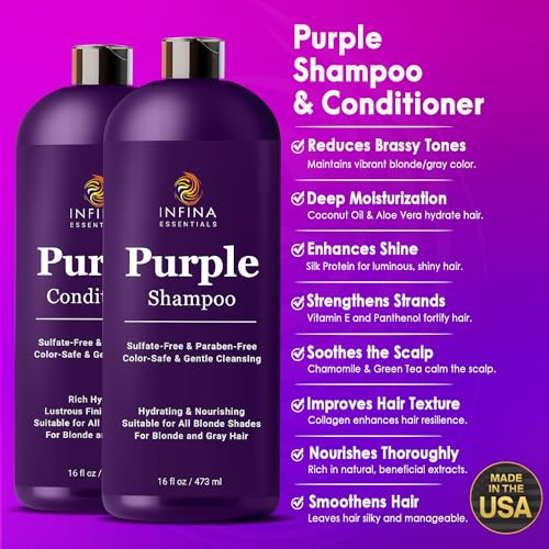 Purple Shampoo & Conditioner Set - Sulfate Free, Coconut & Aloe Vera - Nourishes Color Treated Hair - 16 fl oz